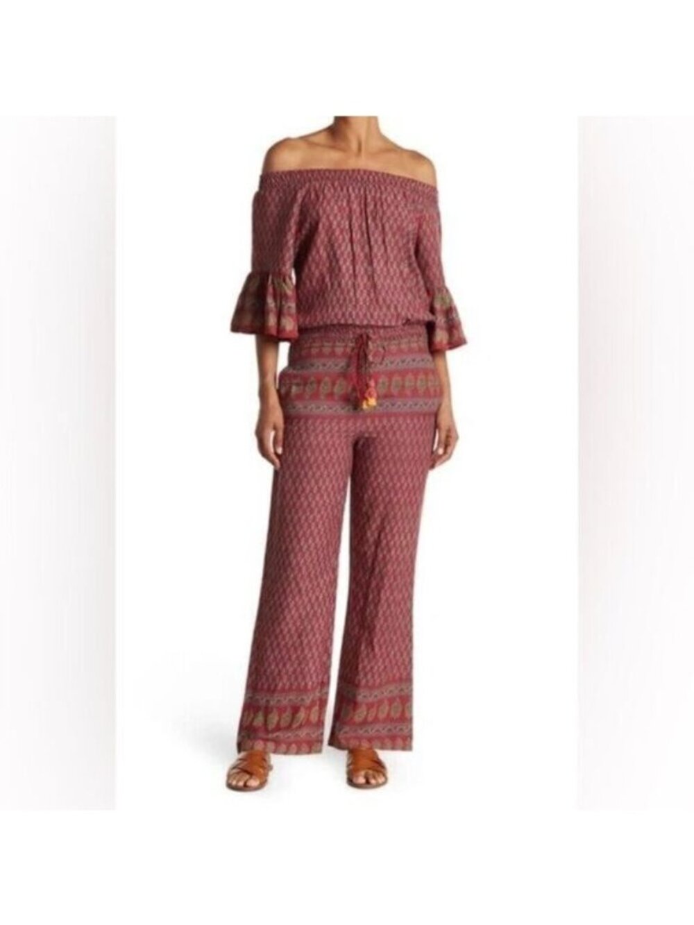 RAGA Avah Paisley Maroon Pockets Off the Shoulder Jumpsuit Size‎ XS NWT